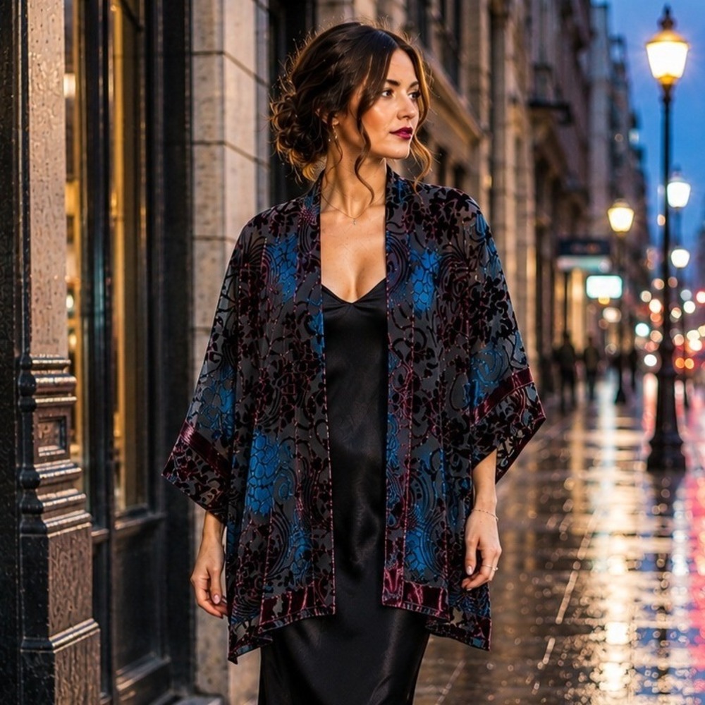 Ulla Popken Womens Burnout Velvet Kimono‎ OS Silk Blend Sheer Whimsigoth Boho